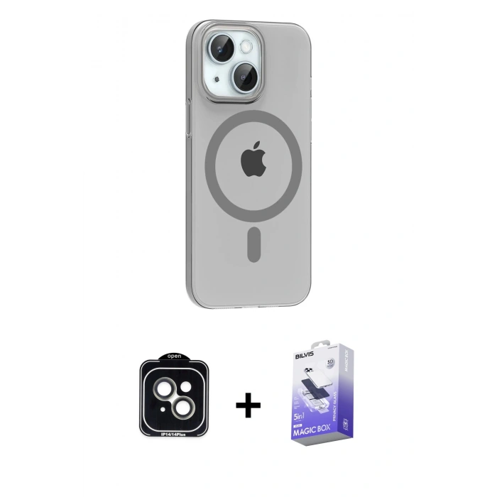 MARSİLYAN™- iPhone 14 Kılıf Pusula Form Özel Seri - Siyah Bilvis 5in1 5D Magic Hayalet Cam Ekran Koruyucu + PVD Metal Kamera Lens - YL