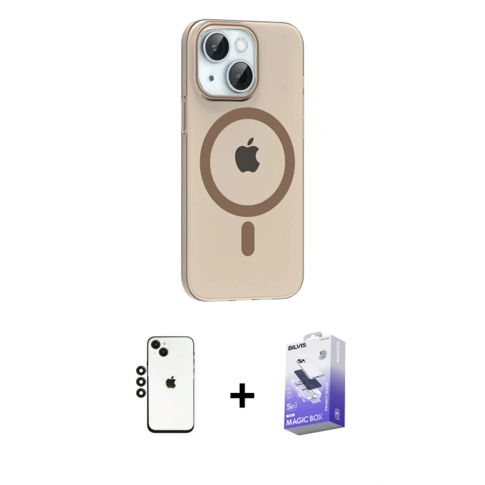 MARSİLYAN™- iPhone 14 Kılıf Pusula Form Özel Seri - Siyah Bilvis 5in1 5D Magic Hayalet Cam Ekran Koruyucu + Siyah Shine Kamera Lens