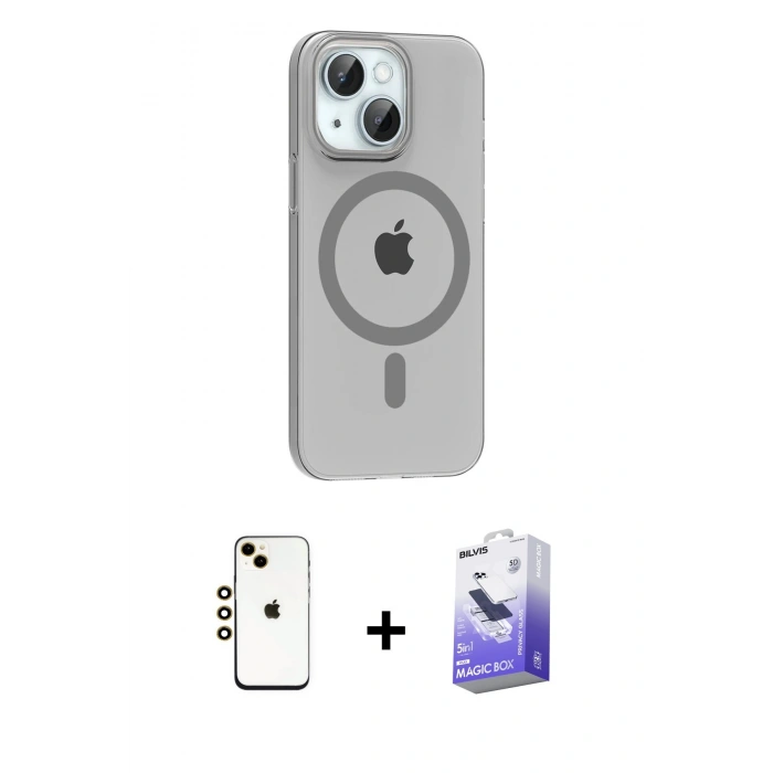 MARSİLYAN™- iPhone 14 Kılıf Pusula Form Özel Seri - Siyah Bilvis 5in1 5D Magic Hayalet Cam Ekran Koruyucu + Shine Kamera Lens - GD