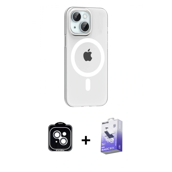 MARSİLYAN™- iPhone 14 Kılıf Pusula Form Özel Seri - Siyah Bilvis 5in1 5D Magic Hayalet Cam Ekran Koruyucu + PVD Metal Kamera Lens - GS