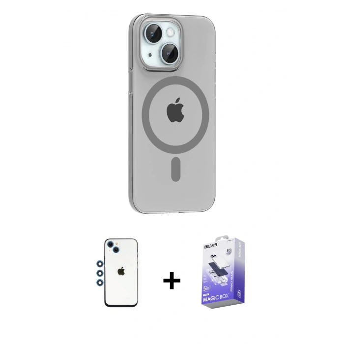 MARSİLYAN™- iPhone 14 Kılıf Pusula Form Özel Seri - Siyah Bilvis 5in1 5D Magic Hayalet Cam Ekran Koruyucu + Shine Kamera Lens - MI