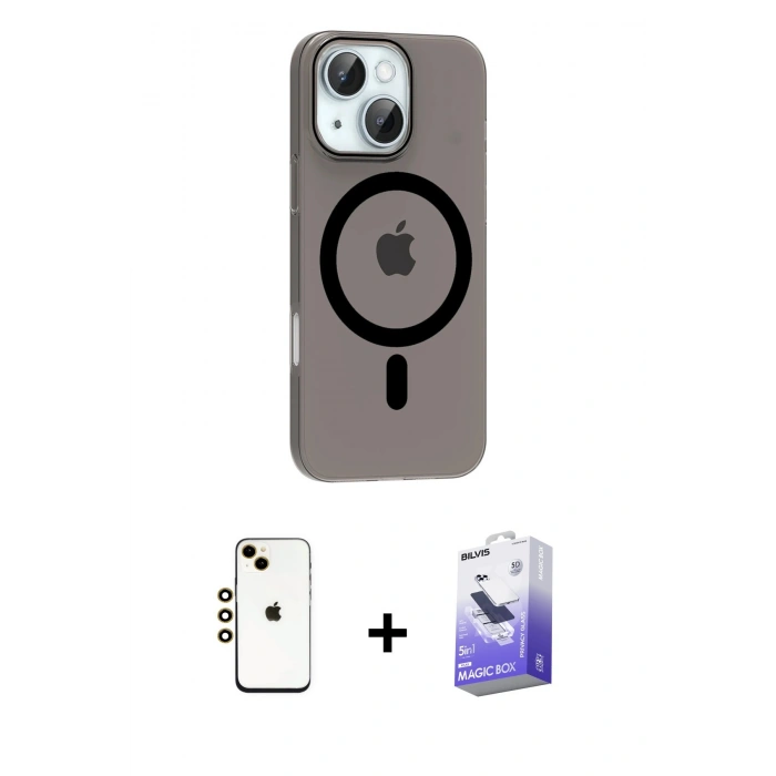 MARSİLYAN™- iPhone 14 Kılıf Pusula Form Özel Seri - Siyah Bilvis 5in1 5D Magic Hayalet Cam Ekran Koruyucu + Shine Kamera Lens - GD