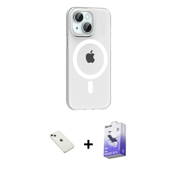 MARSİLYAN™- iPhone 14 Kılıf Pusula Form Özel Seri - Siyah Bilvis 5in1 5D Magic Hayalet Cam Ekran Koruyucu + Yeşil Diamond Kamera Lens