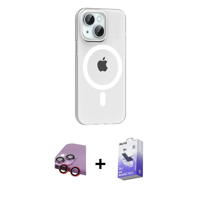 MARSİLYAN™- iPhone 14 Kılıf Pusula Form Özel Seri - Siyah Bilvis 5in1 5D Magic Hayalet Cam Ekran Koruyucu + Raze Metal Kamera Lens - KI