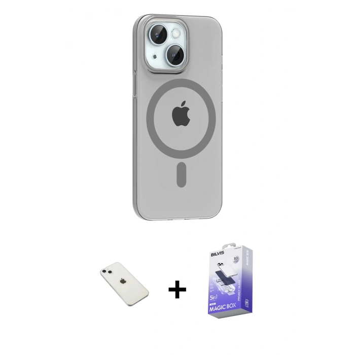MARSİLYAN™- iPhone 14 Kılıf Pusula Form Özel Seri - Siyah Bilvis 5in1 5D Magic Hayalet Cam Ekran Koruyucu + Diamond Kamera Lens - SABE