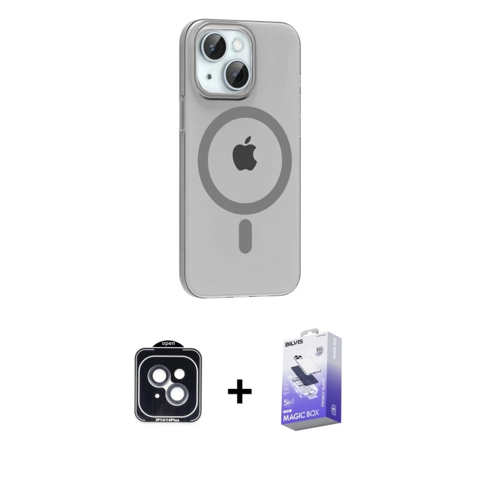 MARSİLYAN™- iPhone 14 Kılıf Pusula Form Özel Seri - Siyah Bilvis 5in1 5D Magic Hayalet Cam Ekran Koruyucu + PVD Metal Kamera Lens - SH