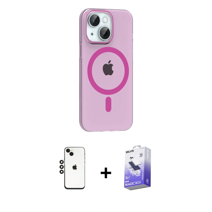MARSİLYAN™- iPhone 14 Kılıf Pusula Form Özel Seri - Siyah Bilvis 5in1 5D Magic Hayalet Cam Ekran Koruyucu + Siyah Shine Kamera Lens