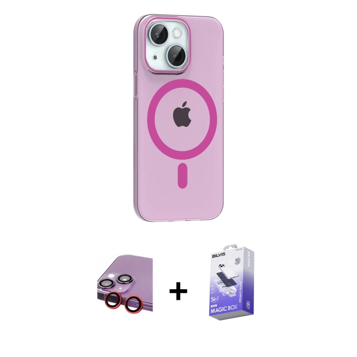 MARSİLYAN™- iPhone 14 Kılıf Pusula Form Özel Seri - Siyah Bilvis 5in1 5D Magic Hayalet Cam Ekran Koruyucu + Raze Metal Kamera Lens - KI