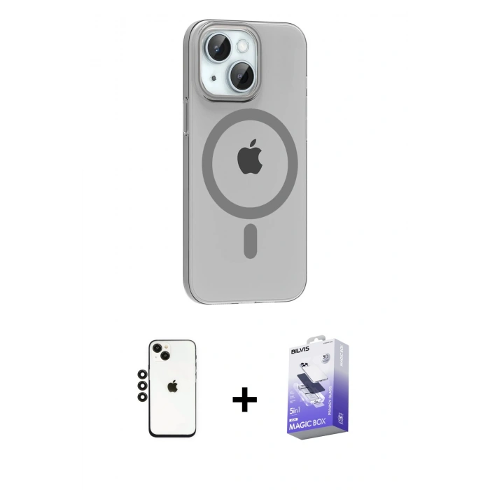 MARSİLYAN™- iPhone 14 Kılıf Pusula Form Özel Seri - Siyah Bilvis 5in1 5D Magic Hayalet Cam Ekran Koruyucu + Siyah Shine Kamera Lens