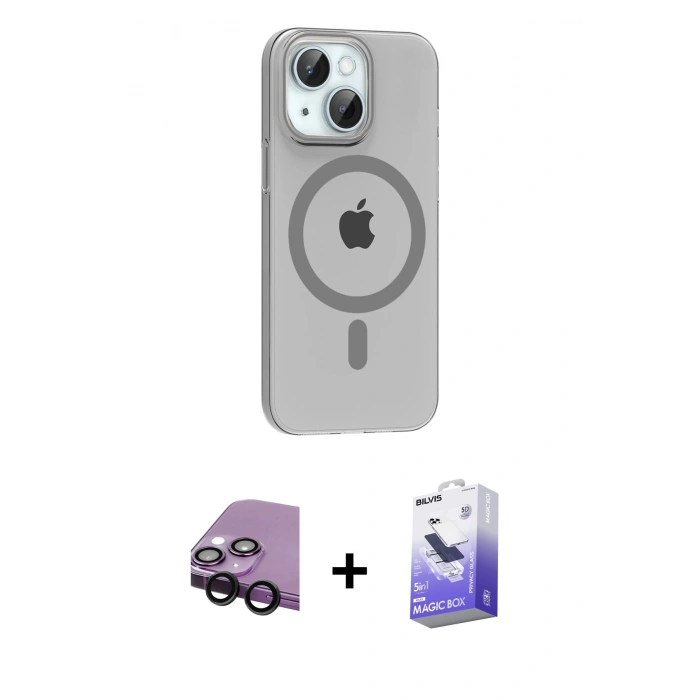 MARSİLYAN™- iPhone 14 Kılıf Pusula Form Özel Seri - Siyah Bilvis 5in1 5D Magic Hayalet Cam Ekran Koruyucu + Raze Metal Kamera Lens - SH
