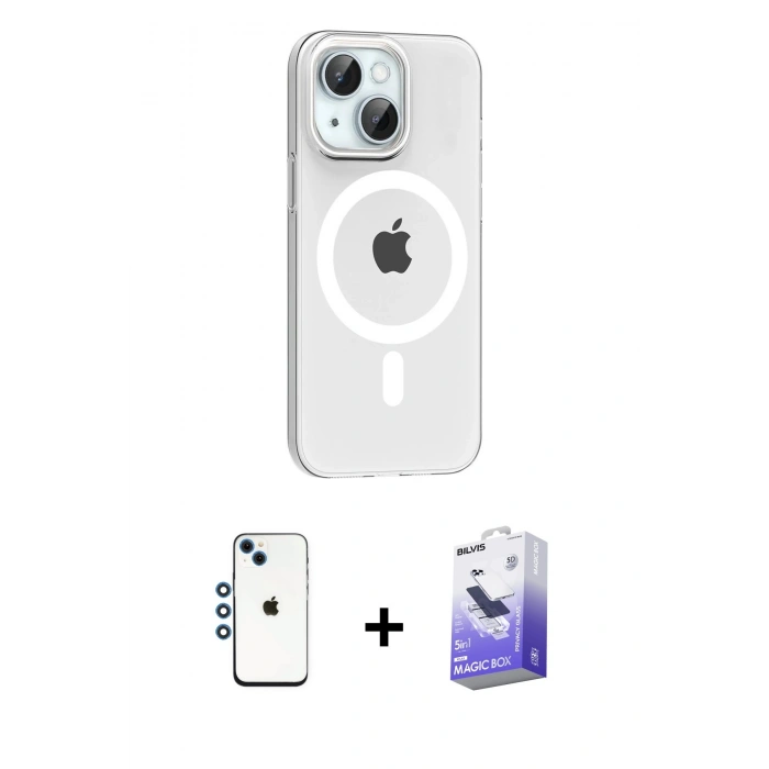 MARSİLYAN™- iPhone 14 Kılıf Pusula Form Özel Seri - Siyah Bilvis 5in1 5D Magic Hayalet Cam Ekran Koruyucu + Shine Kamera Lens - MI