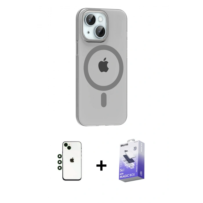 MARSİLYAN™- iPhone 14 Kılıf Pusula Form Özel Seri - Siyah Bilvis 5in1 5D Magic Hayalet Cam Ekran Koruyucu + Yeşil Shine Kamera Lens