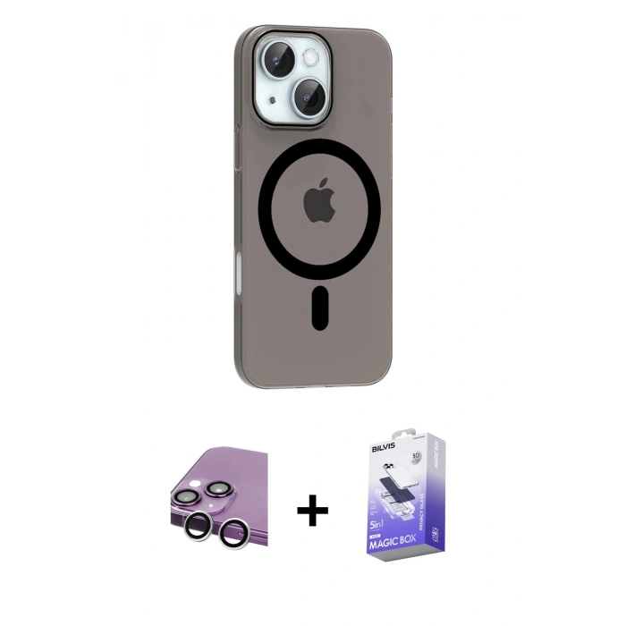 MARSİLYAN™- iPhone 14 Kılıf Pusula Form Özel Seri - Siyah Bilvis 5in1 5D Magic Hayalet Cam Ekran Koruyucu + Raze Metal Kamera Lens - GS