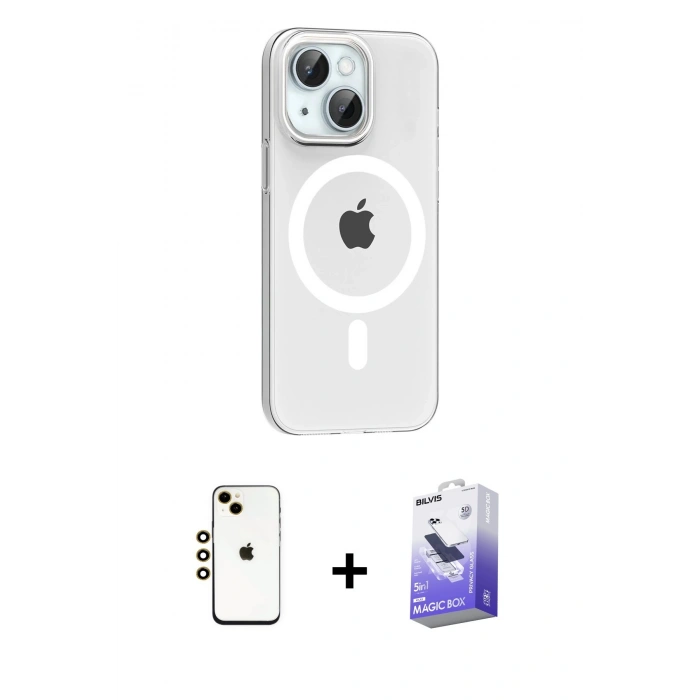 MARSİLYAN™- iPhone 14 Kılıf Pusula Form Özel Seri - Siyah Bilvis 5in1 5D Magic Hayalet Cam Ekran Koruyucu + Shine Kamera Lens - GD