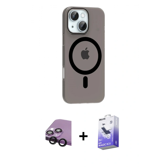 MARSİLYAN™- iPhone 14 Kılıf Pusula Form Özel Seri - Siyah Bilvis 5in1 5D Magic Hayalet Cam Ekran Koruyucu + Raze Metal Kamera Lens - SH