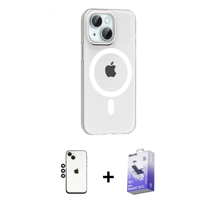 MARSİLYAN™- iPhone 14 Kılıf Pusula Form Özel Seri - Siyah Bilvis 5in1 5D Magic Hayalet Cam Ekran Koruyucu + Siyah Shine Kamera Lens