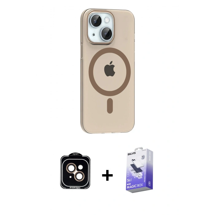 MARSİLYAN™- iPhone 14 Kılıf Pusula Form Özel Seri - Siyah Bilvis 5in1 5D Magic Hayalet Cam Ekran Koruyucu + Turuncu PVD Metal Kamera Lens