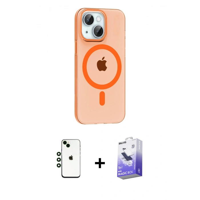 MARSİLYAN™- iPhone 14 Kılıf Pusula Form Özel Seri - Siyah Bilvis 5in1 5D Magic Hayalet Cam Ekran Koruyucu + Yeşil Shine Kamera Lens