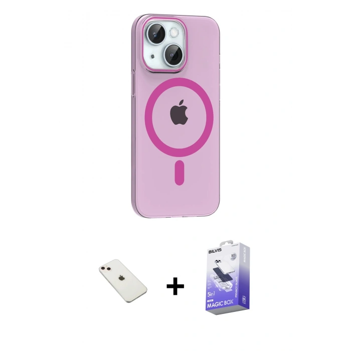 MARSİLYAN™- iPhone 14 Kılıf Pusula Form Özel Seri - Siyah Bilvis 5in1 5D Magic Hayalet Cam Ekran Koruyucu + Diamond Kamera Lens - PE