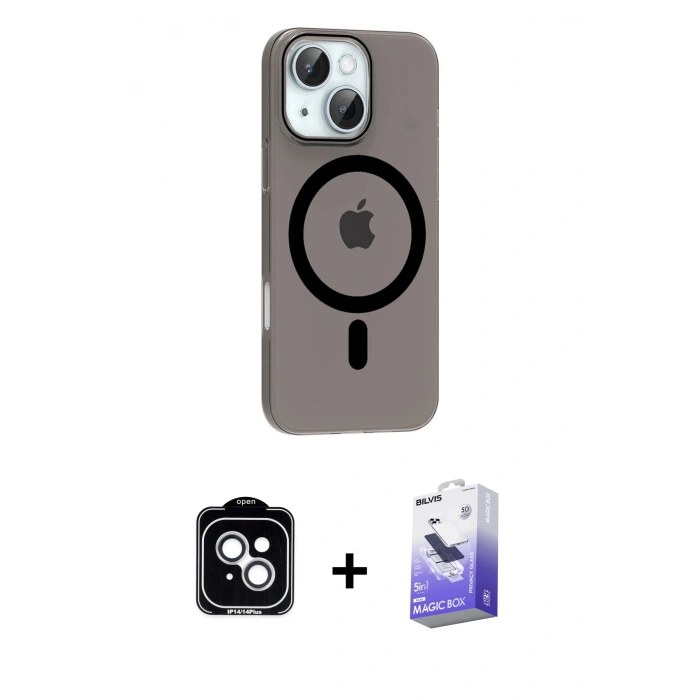 MARSİLYAN™- iPhone 14 Kılıf Pusula Form Özel Seri - Siyah Bilvis 5in1 5D Magic Hayalet Cam Ekran Koruyucu + PVD Metal Kamera Lens - GS
