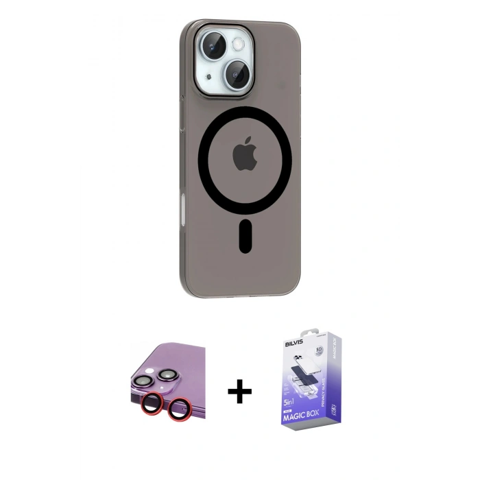MARSİLYAN™- iPhone 14 Kılıf Pusula Form Özel Seri - Siyah Bilvis 5in1 5D Magic Hayalet Cam Ekran Koruyucu + Raze Metal Kamera Lens - KI