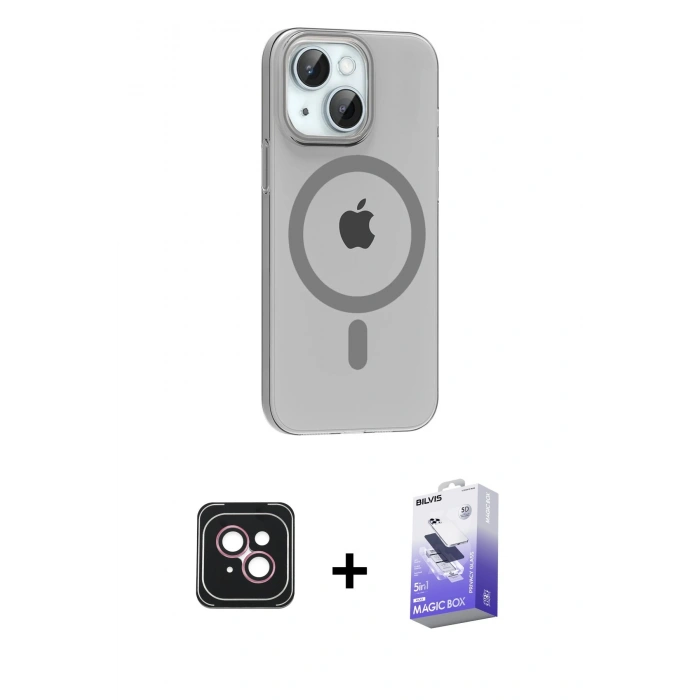 MARSİLYAN™- iPhone 14 Kılıf Pusula Form Özel Seri - Siyah Bilvis 5in1 5D Magic Hayalet Cam Ekran Koruyucu + PVD Metal Kamera Lens - PE