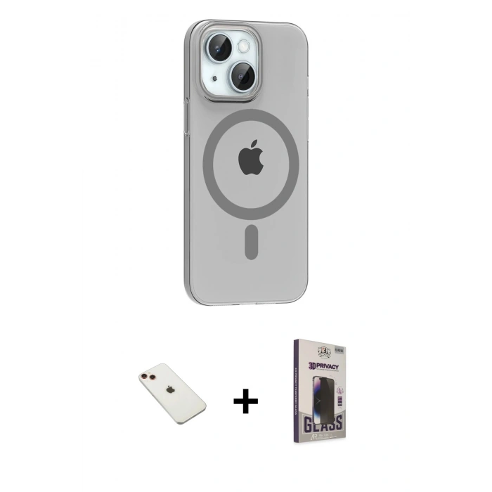 MARSİLYAN™- iPhone 14 Kılıf Pusula Form Özel Seri - Siyah Bilvis Hayalet Cam Ekran Koruyucu + Diamond Kamera Lens - KI