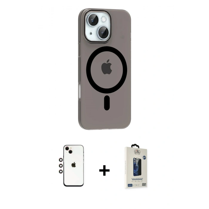 MARSİLYAN™- iPhone 14 Kılıf Pusula Form Özel Seri - Siyah Bilvis Hayalet Cam Ekran Koruyucu + Shine Kamera Lens - GI