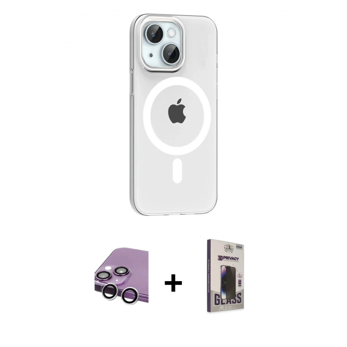 MARSİLYAN™- iPhone 14 Kılıf Pusula Form Özel Seri - Siyah Bilvis Hayalet Cam Ekran Koruyucu + Raze Metal Kamera Lens - GS