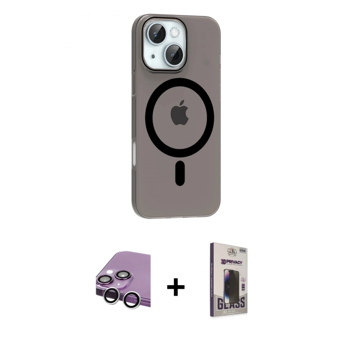 MARSİLYAN™- iPhone 14 Kılıf Pusula Form Özel Seri - Siyah Bilvis Hayalet Cam Ekran Koruyucu + Raze Metal Kamera Lens - GS