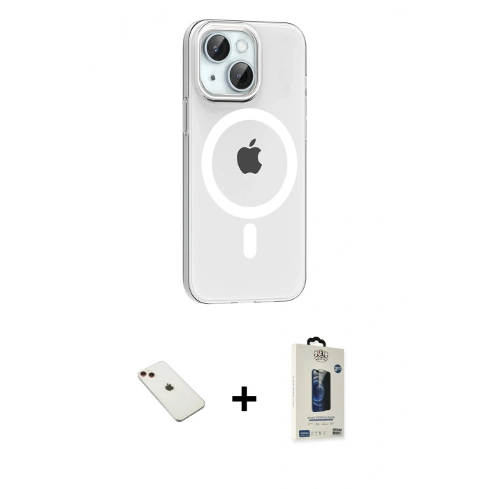 MARSİLYAN™- iPhone 14 Kılıf Pusula Form Özel Seri - Siyah Bilvis Hayalet Cam Ekran Koruyucu + Kırmızı Diamond Kamera Lens