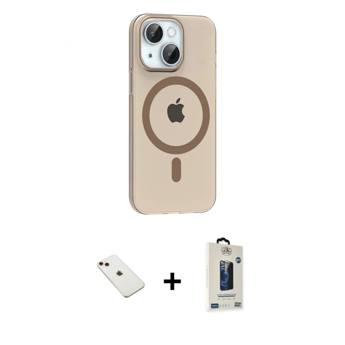 MARSİLYAN™- iPhone 14 Kılıf Pusula Form Özel Seri - Siyah Bilvis Hayalet Cam Ekran Koruyucu + Kırmızı Diamond Kamera Lens