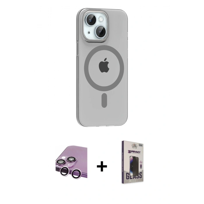 MARSİLYAN™- iPhone 14 Kılıf Pusula Form Özel Seri - Siyah Bilvis Hayalet Cam Ekran Koruyucu + Raze Metal Kamera Lens - MR