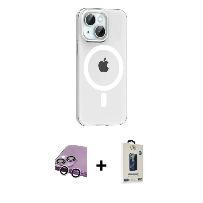 MARSİLYAN™- iPhone 14 Kılıf Pusula Form Özel Seri - Siyah Bilvis Hayalet Cam Ekran Koruyucu + Mor Raze Metal Kamera Lens