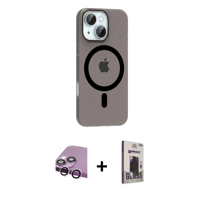 MARSİLYAN™- iPhone 14 Kılıf Pusula Form Özel Seri - Siyah Bilvis Hayalet Cam Ekran Koruyucu + Raze Metal Kamera Lens - MR