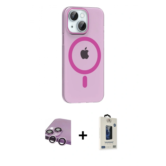MARSİLYAN™- iPhone 14 Kılıf Pusula Form Özel Seri - Siyah Bilvis Hayalet Cam Ekran Koruyucu + Mor Raze Metal Kamera Lens
