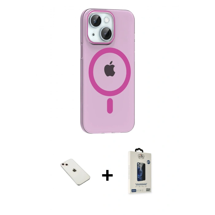 MARSİLYAN™- iPhone 14 Kılıf Pusula Form Özel Seri - Siyah Bilvis Hayalet Cam Ekran Koruyucu + Pembe Diamond Kamera Lens