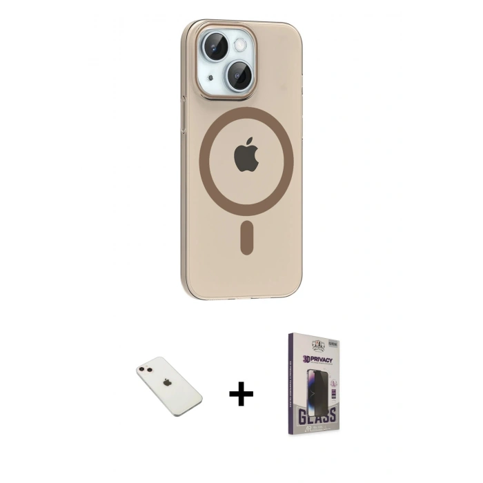 MARSİLYAN™- iPhone 14 Kılıf Pusula Form Özel Seri - Siyah Bilvis Hayalet Cam Ekran Koruyucu + Diamond Kamera Lens - PE