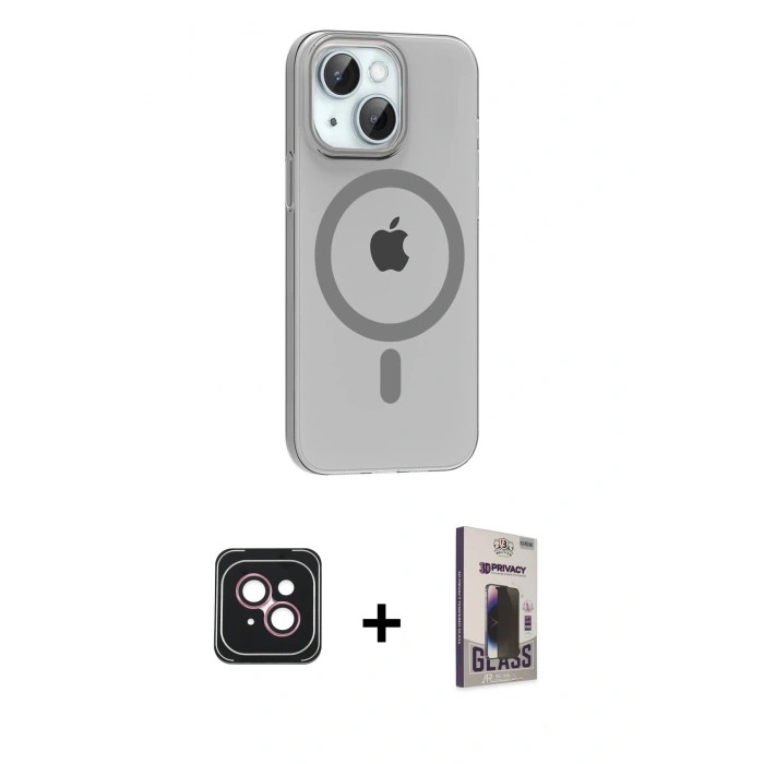 MARSİLYAN™- iPhone 14 Kılıf Pusula Form Özel Seri - Siyah Bilvis Hayalet Cam Ekran Koruyucu + PVD Metal Kamera Lens - PE