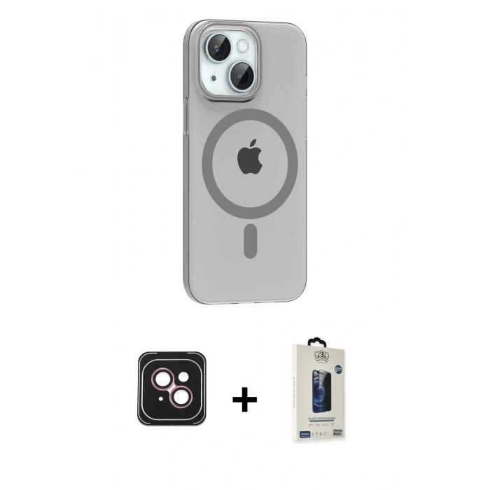 MARSİLYAN™- iPhone 14 Kılıf Pusula Form Özel Seri - Siyah Bilvis Hayalet Cam Ekran Koruyucu + PVD Metal Kamera Lens - PE