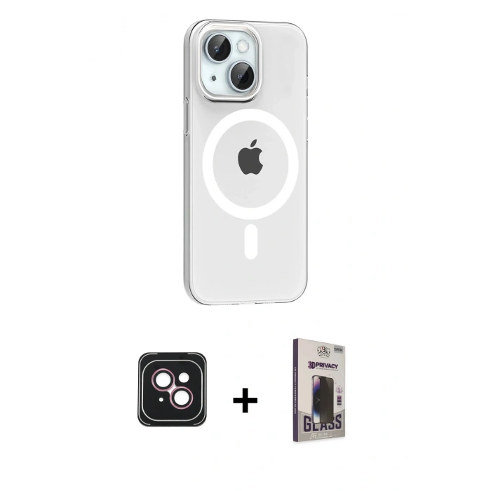 MARSİLYAN™- iPhone 14 Kılıf Pusula Form Özel Seri - Siyah Bilvis Hayalet Cam Ekran Koruyucu + PVD Metal Kamera Lens - PE