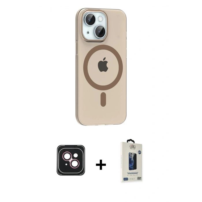 MARSİLYAN™- iPhone 14 Kılıf Pusula Form Özel Seri - Siyah Bilvis Hayalet Cam Ekran Koruyucu + PVD Metal Kamera Lens - PE