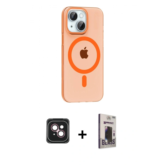 MARSİLYAN™- iPhone 14 Kılıf Pusula Form Özel Seri - Siyah Bilvis Hayalet Cam Ekran Koruyucu + PVD Metal Kamera Lens - PE