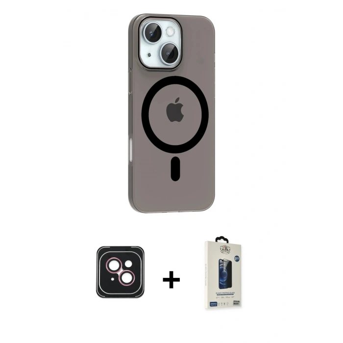 MARSİLYAN™- iPhone 14 Kılıf Pusula Form Özel Seri - Siyah Bilvis Hayalet Cam Ekran Koruyucu + PVD Metal Kamera Lens - PE