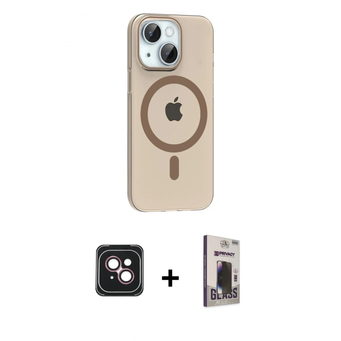 MARSİLYAN™- iPhone 14 Kılıf Pusula Form Özel Seri - Siyah Bilvis Hayalet Cam Ekran Koruyucu + PVD Metal Kamera Lens - PE