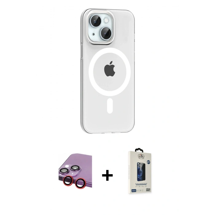MARSİLYAN™- iPhone 14 Kılıf Pusula Form Özel Seri - Siyah Bilvis Hayalet Cam Ekran Koruyucu + Raze Metal Kamera Lens - KI