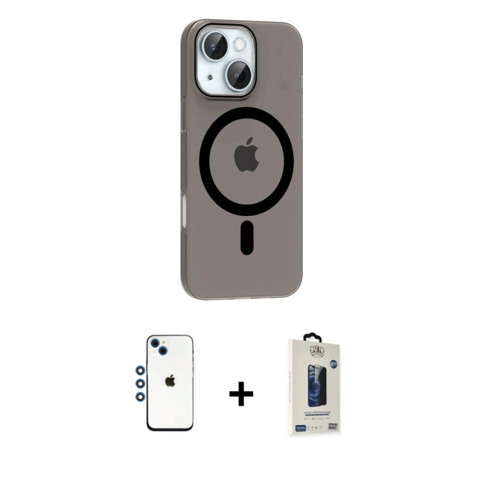 MARSİLYAN™- iPhone 14 Kılıf Pusula Form Özel Seri - Siyah Bilvis Hayalet Cam Ekran Koruyucu + Shine Kamera Lens - MI