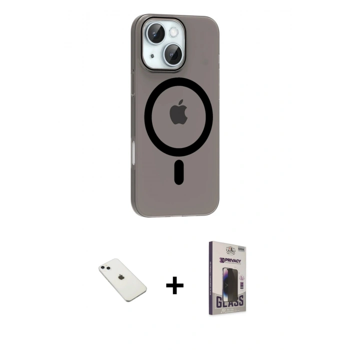 MARSİLYAN™- iPhone 14 Kılıf Pusula Form Özel Seri - Siyah Bilvis Hayalet Cam Ekran Koruyucu + Diamond Kamera Lens - SABE