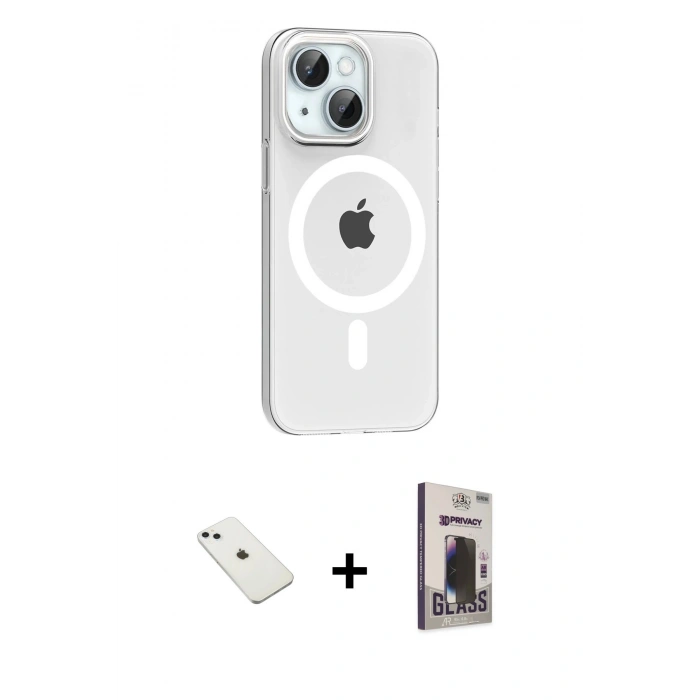 MARSİLYAN™- iPhone 14 Kılıf Pusula Form Özel Seri - Siyah Bilvis Hayalet Cam Ekran Koruyucu + Diamond Kamera Lens - SABE
