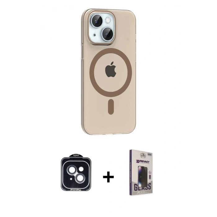 MARSİLYAN™- iPhone 14 Kılıf Pusula Form Özel Seri - Siyah Bilvis Hayalet Cam Ekran Koruyucu + PVD Metal Kamera Lens - SH